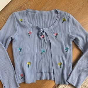 Blue Cardigan with Floral Embroidery